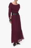 Mango Ruffle Off The Shoulder Long Sleeve Maxi Dress In Burgundy