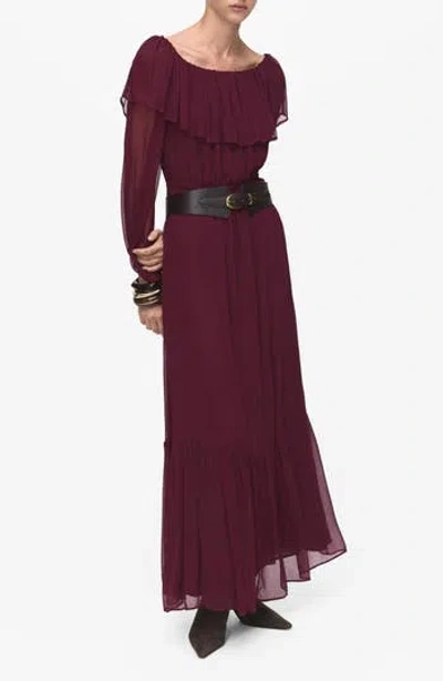 Mango Ruffle Off The Shoulder Long Sleeve Maxi Dress In Burgundy
