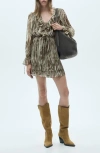 Mango Ruffle Print Long Sleeve Minidress In Green