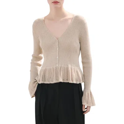 Mango Ruffle Rib & Pointelle Cardigan In Neutral