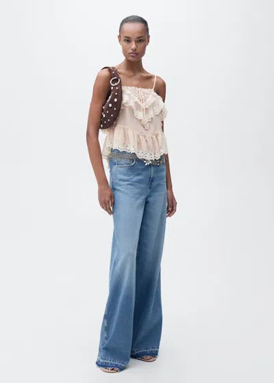 Mango Ruffle Top With Lace Detail Pastel Pink