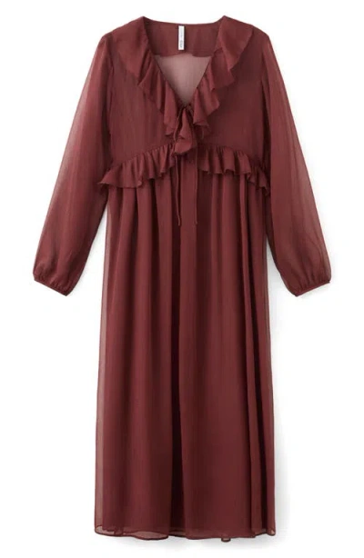 Mango Ruffle Trim Long Sleeve Maxi Dress In Brown