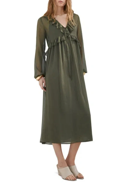 Mango Ruffle Trim Long Sleeve Maxi Dress In Green