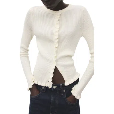 Mango Ruffle Trim Rib Cardigan In White