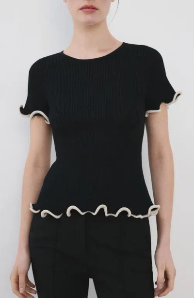 Mango Ruffle Trim Short Sleeve Sweater In Black