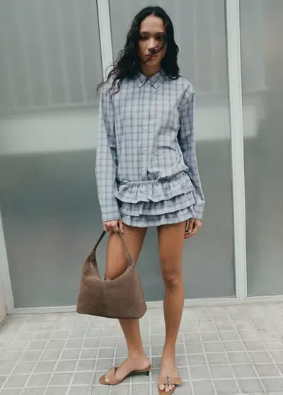 Mango Ruffled Checkered Mini Shorts In Blue