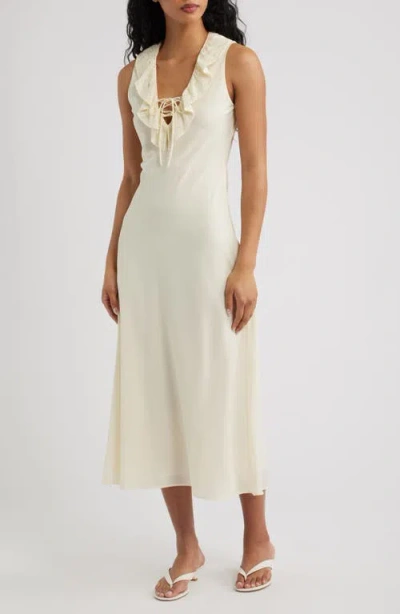 Mango Ruffled Lace Trim V-neck Midi Dress In White