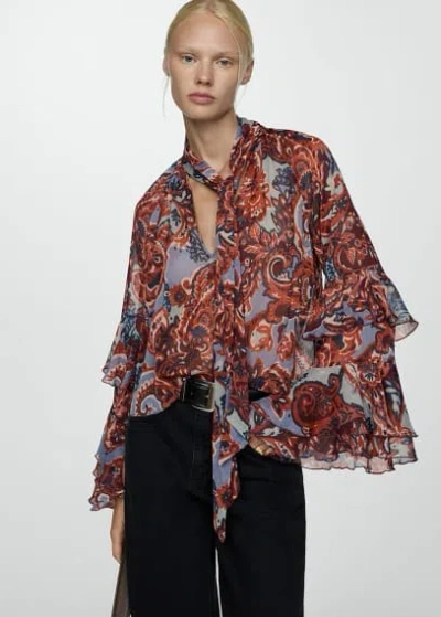 Mango Ruffled Paisley Print Blouse Brown