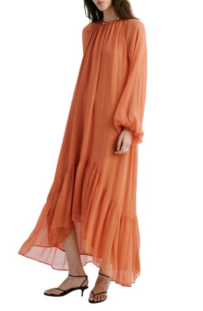 Mango Ruffles Flowy Long Sleeve Chiffon Maxi Dress In Brown