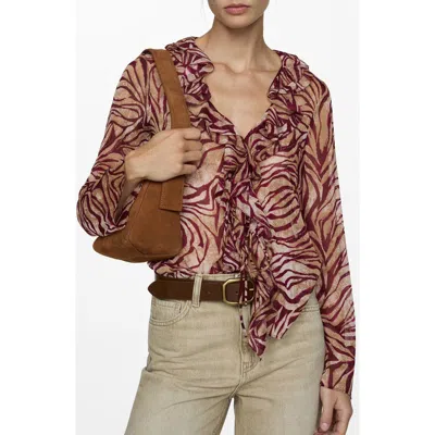 Mango Ruffles Print Top In Burgundy