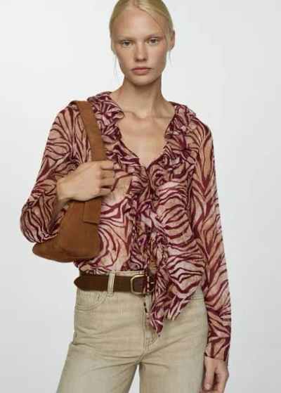Mango Ruffles Printed Blouse Maroon