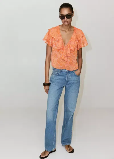 Mango Ruffles Printed Blouse In Orange