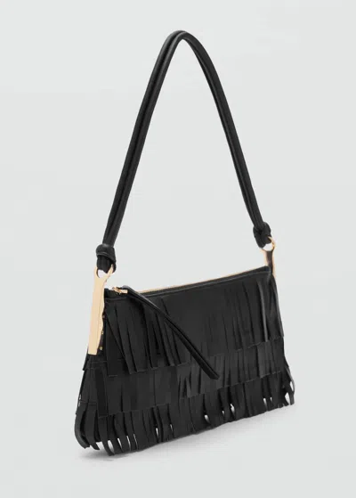 Mango Leather Shoulder Bag With Fringes In Black