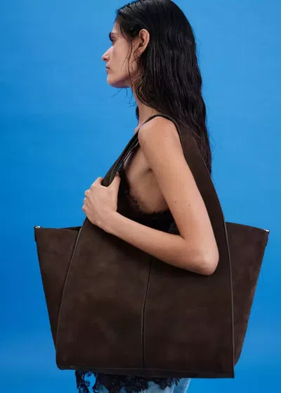 Mango Sac Shopper Cuir In Chocolat