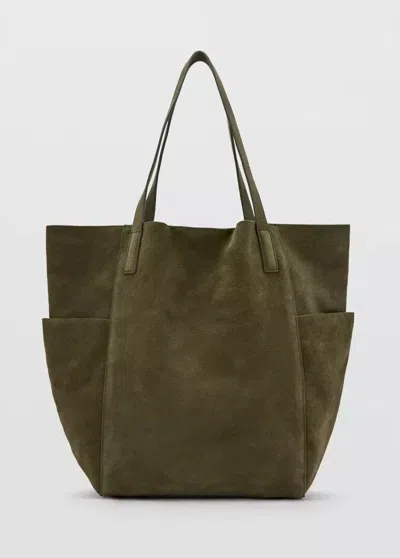 Mango Sac Shopper Cuir In Kaki