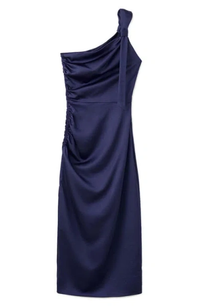 Mango Safira One-shoulder Side Ruched Satin Dress In Blue