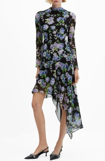 Mango Salma Asymmetric Long Sleeve Dress In Black