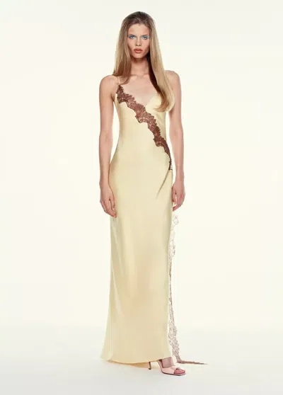 Mango Satin Dress With Blonde Lace In Pastel Yellow