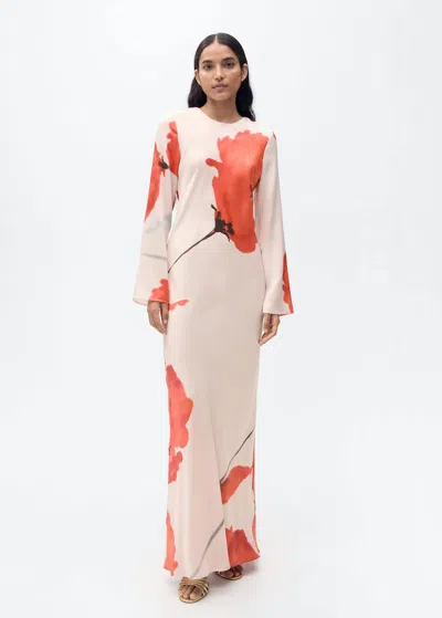 Mango Satin Dress With Floral Print Pastel Pink