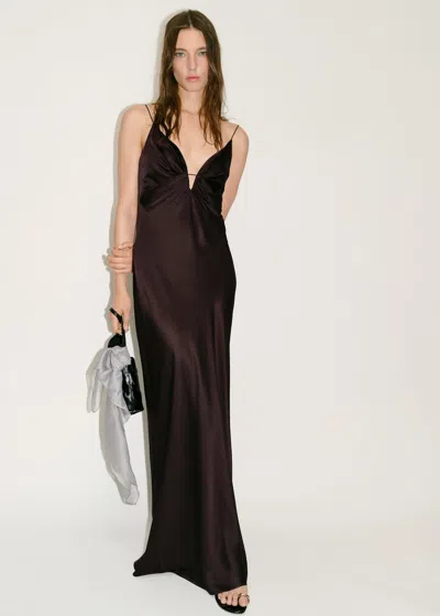 Mango Satin Dress With Gathered V-neckline Brown