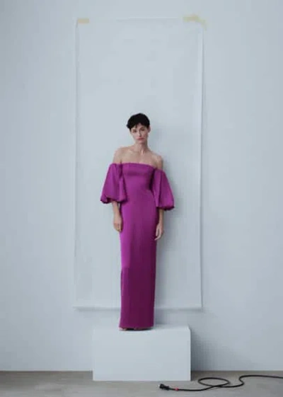 Mango Satin Dress With Volume Sleeves Purple