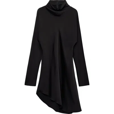 Mango Satin Long Sleeve Asymmetric Hem Dress In Black