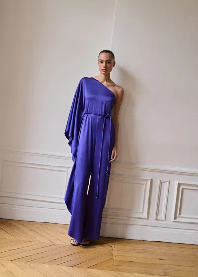 Mango Satin Maxi-ruffle Jumpsuit Blue In Bleu