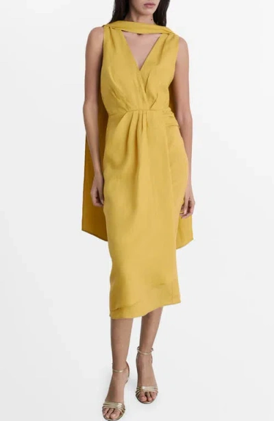 Mango Scarf Detail Sleeveless Linen Midi Dress In Mustard