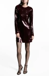 Mango Scoop Back Long Sleeve Sequin Minidress In Maroon