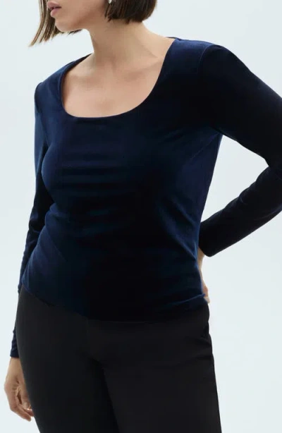 Mango Scoop Neck Velvet Top In Night Blue