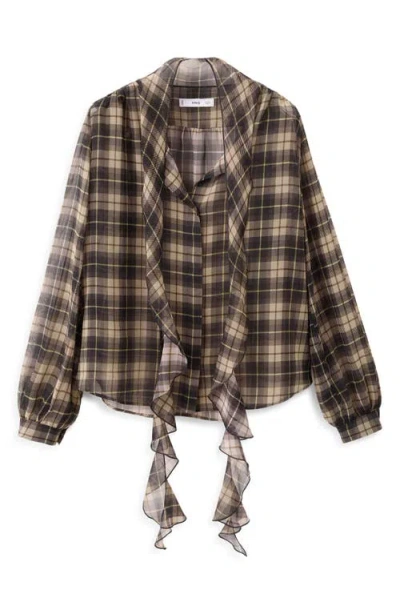 Mango Scott Plaid Pussybow Top In Black