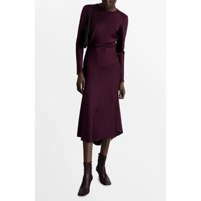 Mango Seam Detail Long Sleeve Satin Dress In Wine