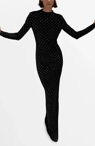 Mango Selection Crystal Embellished Long Sleeve Maxi Dress In Black
