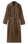 Mango Selection Double Breasted Suede Trench Coat In Brown