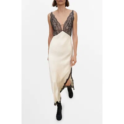 Mango Selection Lace Trim Satin Slipdress In Neutral