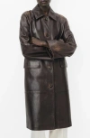 Mango Selection Longline Leather Coat In Brown
