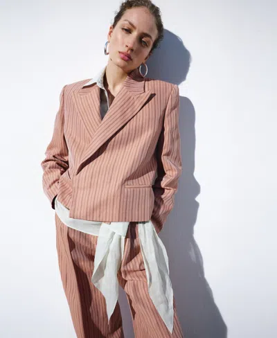 Mango Selection  Women's Cropped Striped Linen Blazer In Pink