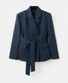 Mango Belted Pinstripe Jacket In Blue