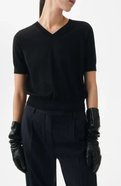 Mango Selection V-neck Short Sleeve Wool Sweater In Black