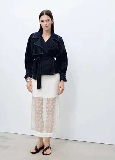 Mango Semi-transparent Skirt Embroidered With Flowers Off White