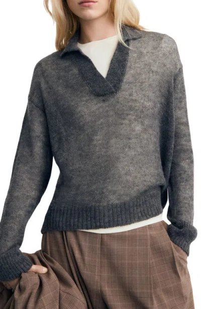 Mango Semisheer Polo Sweater In Gray