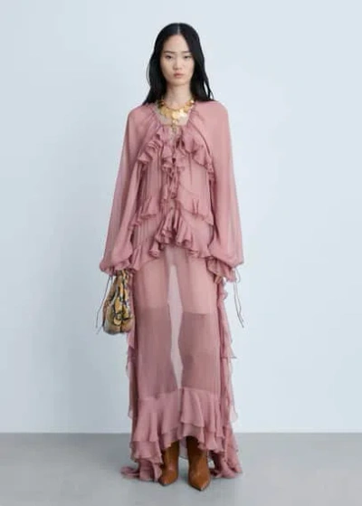 Mango Robe Gaze Semi-transparente Volants In Rose