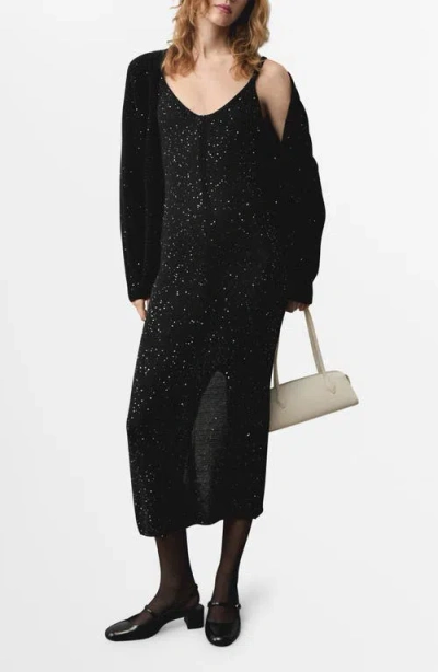 Mango Sequin Detail Knit Midi Dress In Black