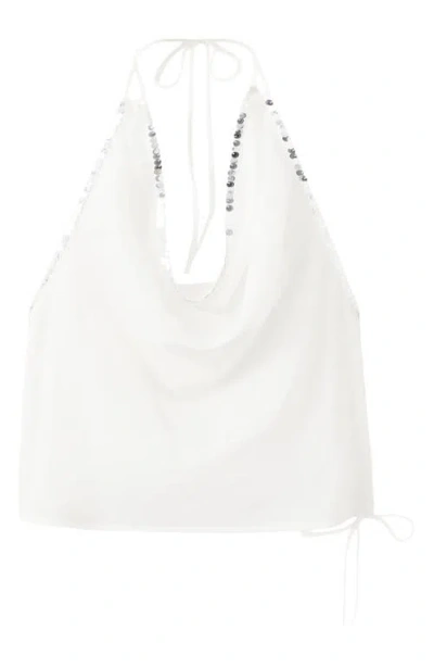 Mango Sequin Drape Halter Top In White