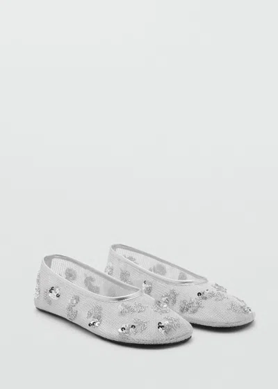 MANGO BALLERINES EN MAILLE FILET PAILLETTES BRODÉES ARGENT - FEMME - 35 - MANGO
