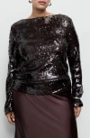 Mango Sequin Flare Sleeve Top In Brown
