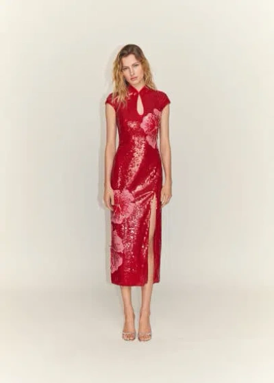 Mango Sequin Flower Design Dress Red