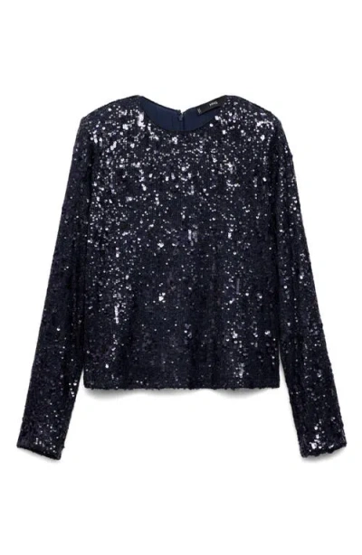 Mango Sequin Long Sleeve T-shirt In Dark Navy