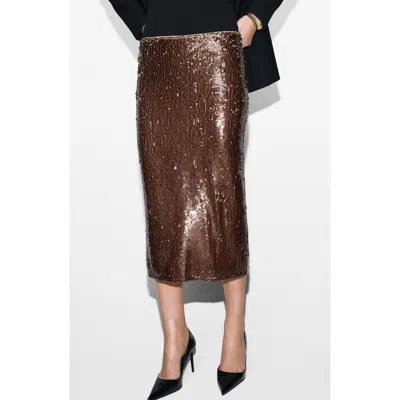 Mango Sequin Midi Skirt Medium Brown