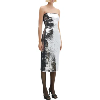 Mango Sequin Strapless Midi Gown In Silver